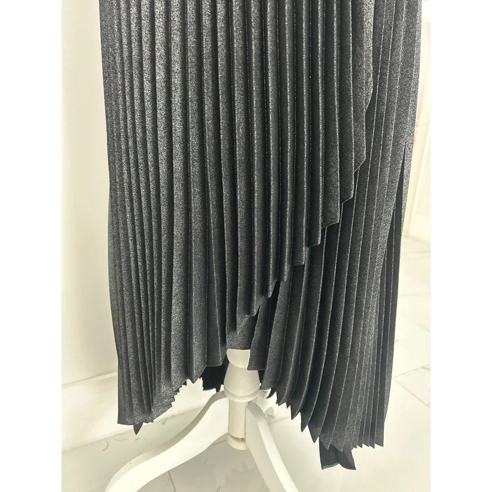 White House Black Market Metallic Pleated Wrap Midi Skirt Grey Shimmer Size 8